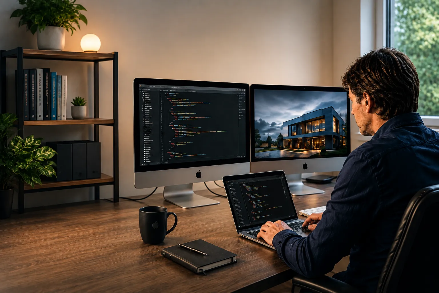 Rafal arbeitet nachts an Code und einer 3D-Visualisierung — Web & Digital.