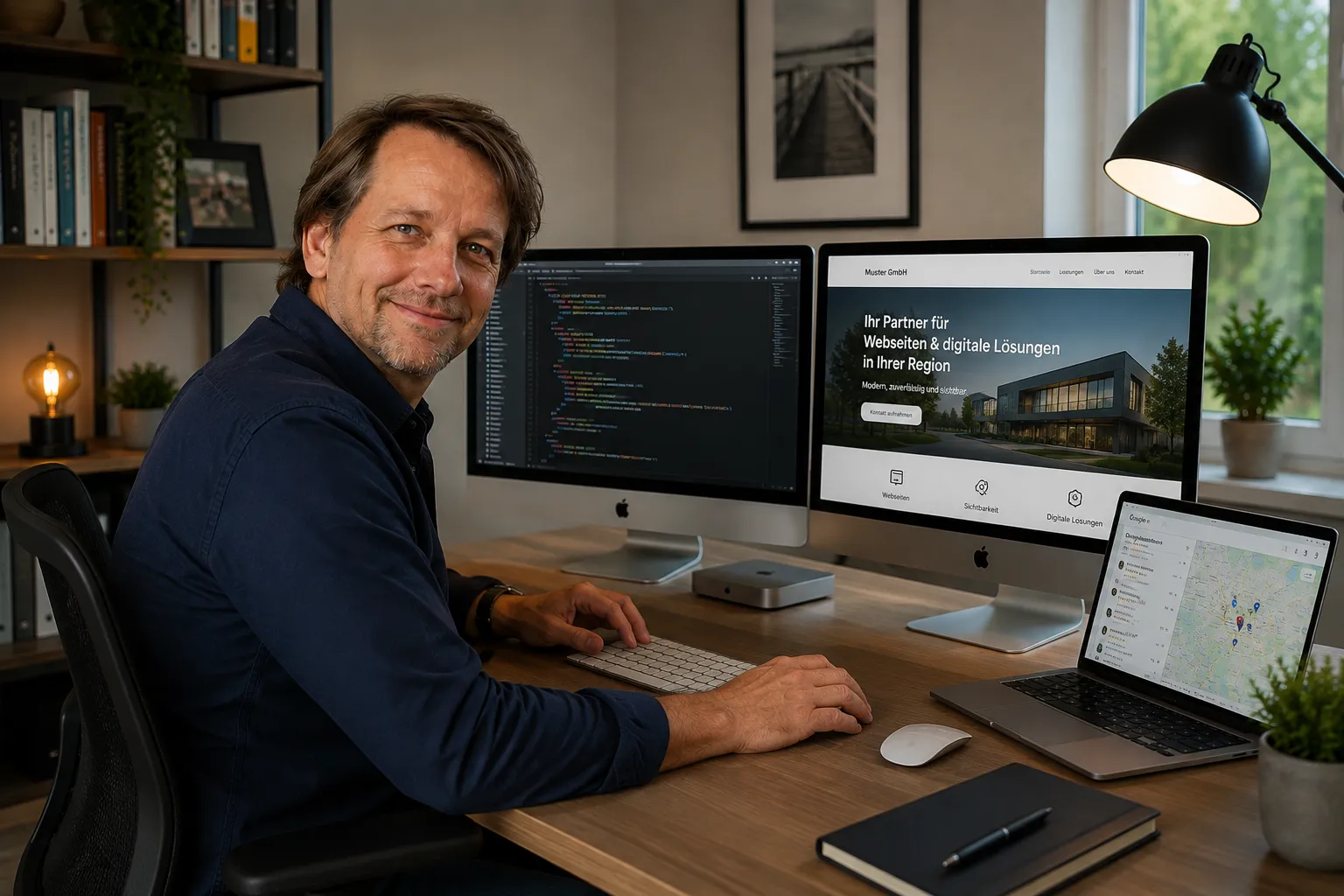 Rafal lächelt in die Kamera, an seinem Schreibtisch mit Code und einer Website im Hintergrund